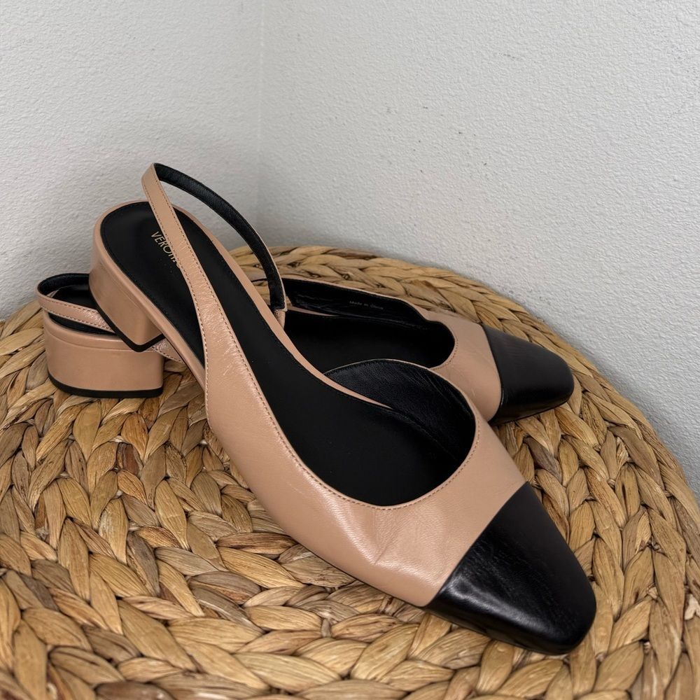 Veronica Beard Heels Cecile Half d'Orsay Slingback Block Heel Captoe black camel - Picture 7 of 10